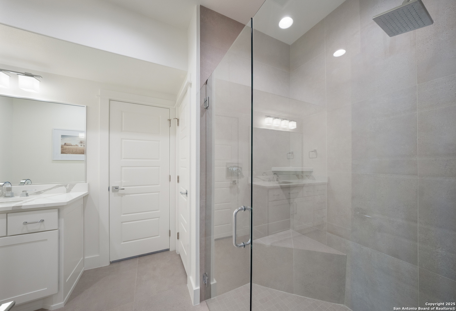 1341 Palmetto Spring Branch Spring Branch, TX 78070 - Photo 55 of 64 a bathroom with a shower sink vanity and mirror