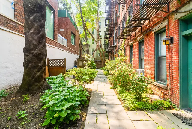 a view of a chair and table in the garden