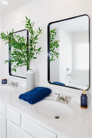 a bathroom with a sink a mirror and a potted plant