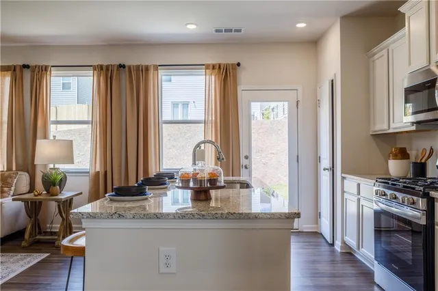 a kitchen with stainless steel appliances granite countertop a stove a sink and a microwave