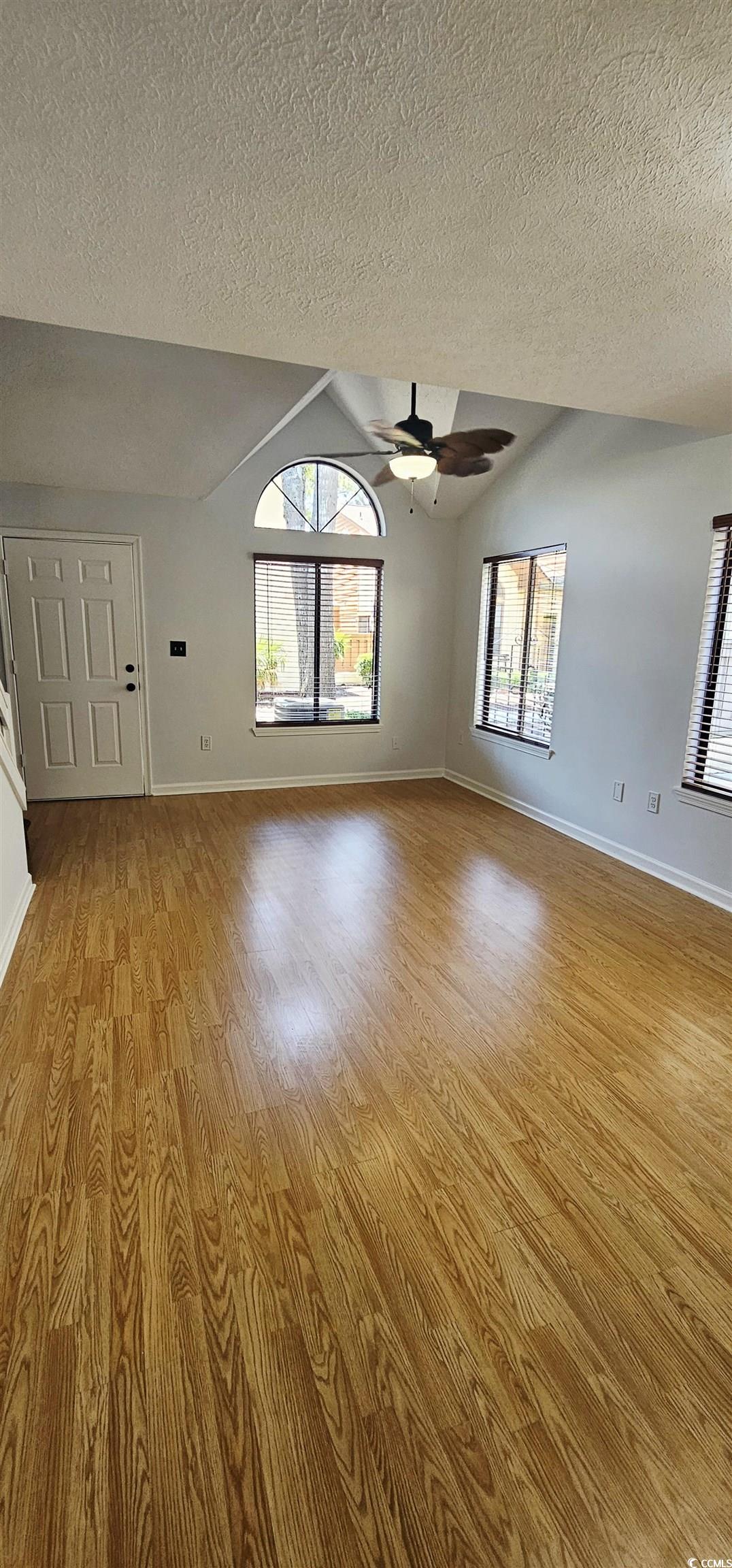 615 13th Avenue South, Unit 137 Surfside Beach, SC 29575 - Photo 12 of 40 Empty room with vaulted ceiling, light wood-type flooring, a textured ceiling, and ceiling fan