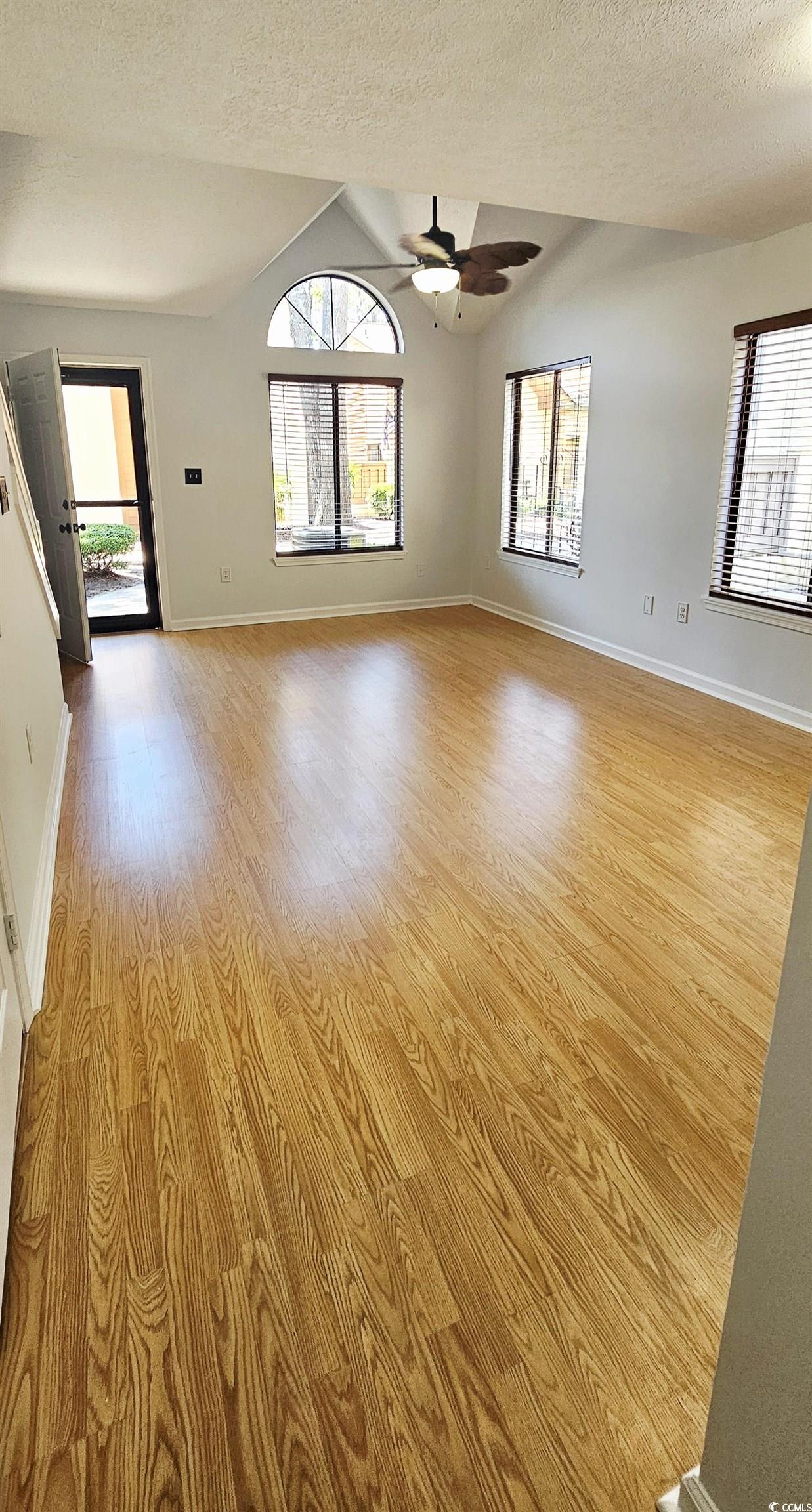 615 13th Avenue South, Unit 137 Surfside Beach, SC 29575 - Photo 8 of 40 Spare room with a textured ceiling, healthy amount of natural light, light wood-type flooring, vaulted ceiling, and a ceiling fan