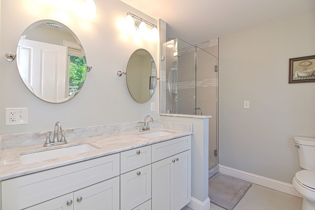 228 Cherry Street Newton, MA 02465 - Photo 33 of 42 a bathroom with a toilet a sink a mirror and vanity