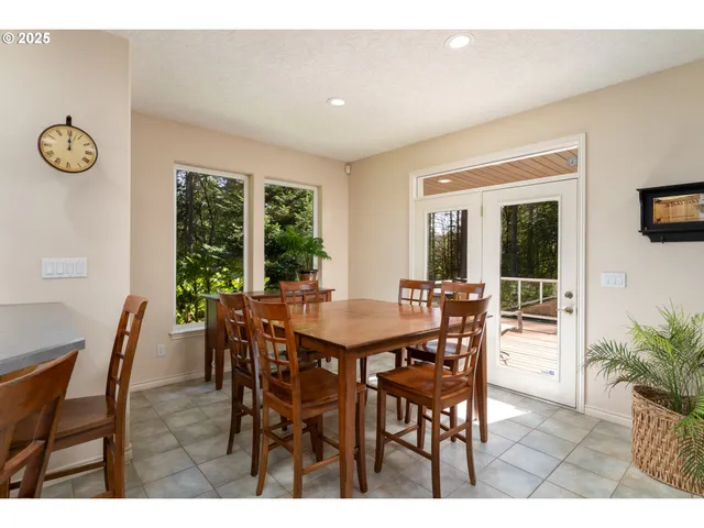 a view of a dining room with furniture window and outside view
