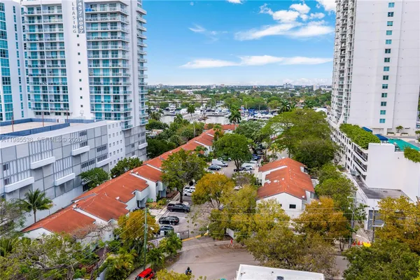 a view of a city and tall buildings