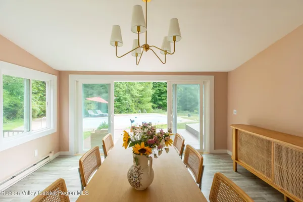 a view of a dining room with furniture window and outside view