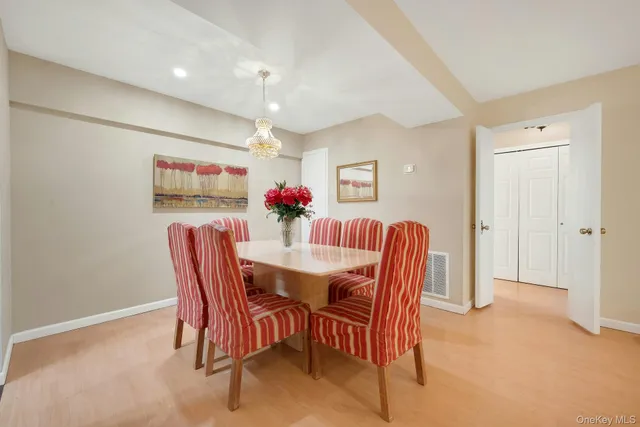 a view of a dining room with furniture