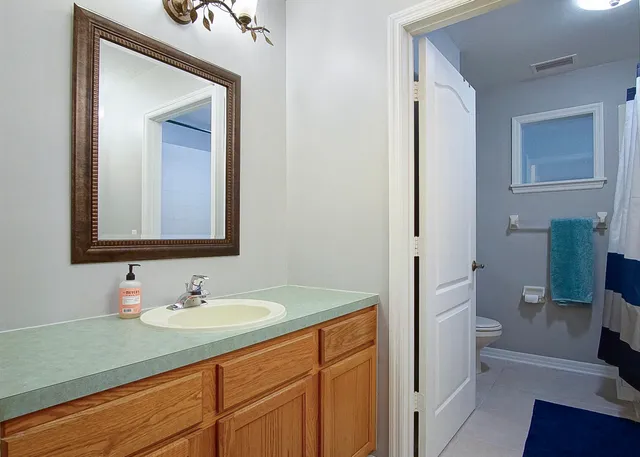 a bathroom with a sink a toilet and a mirror