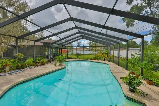 a view of a garden with a fountain
