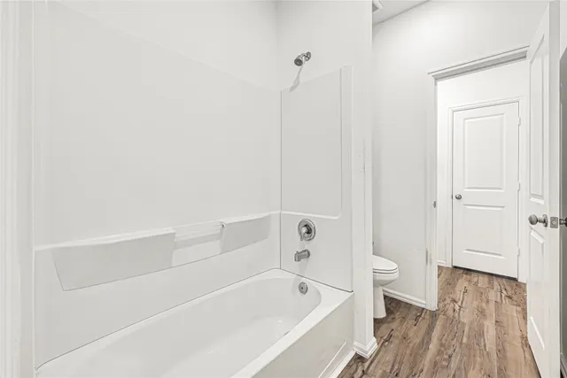 a bathroom with a bathtub and a toilet