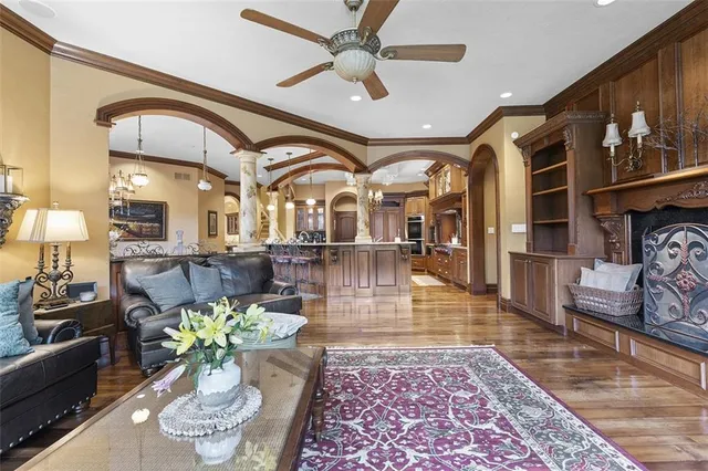 a lobby with furniture and a rug