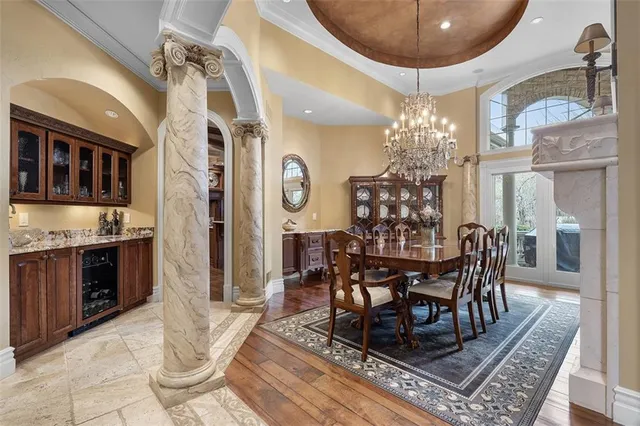 a view of a dining room with furniture