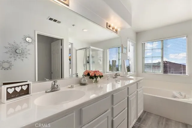 a bathroom with a tub a sink double vanity and a mirror