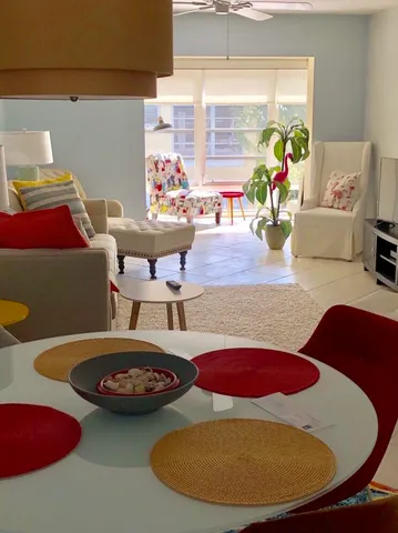 a view of a dining room with furniture