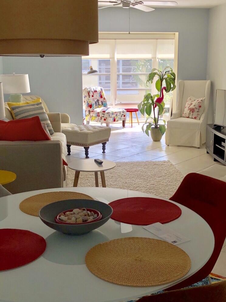 a view of a dining room with furniture