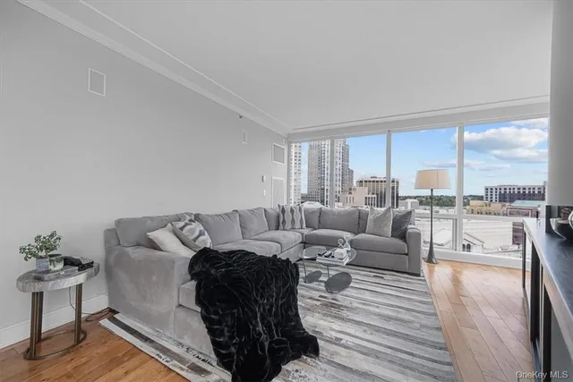 a living room with furniture large windows and wooden floor