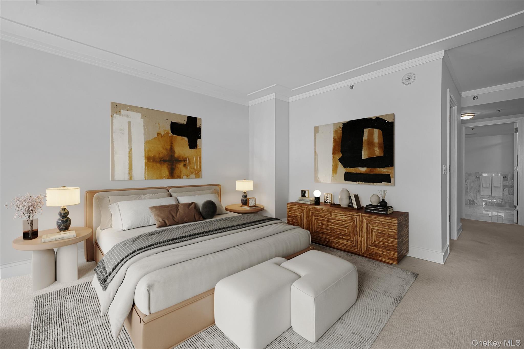 1 Renaissance Square, Unit 14D White Plains, NY 10601 - Photo 17 of 24 a bedroom with a bed and a flat screen television