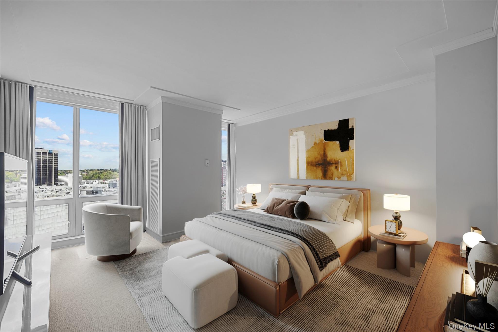 1 Renaissance Square, Unit 14D White Plains, NY 10601 - Photo 18 of 24 a bedroom with bed and a large window