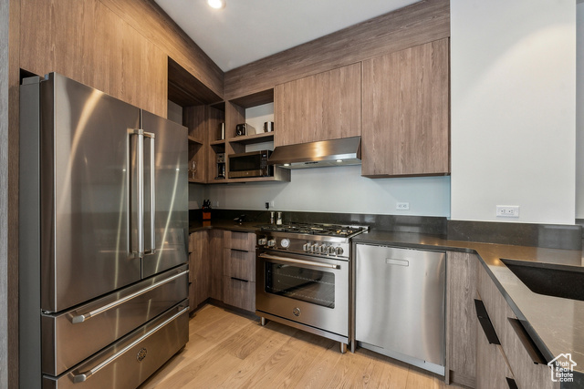 2417 West High Mountain Road, Unit 2202 Park City, UT 84098 - Photo 9 of 28 Kitchen with premium appliances, exhaust hood, light hardwood / wood-style flooring, and sink