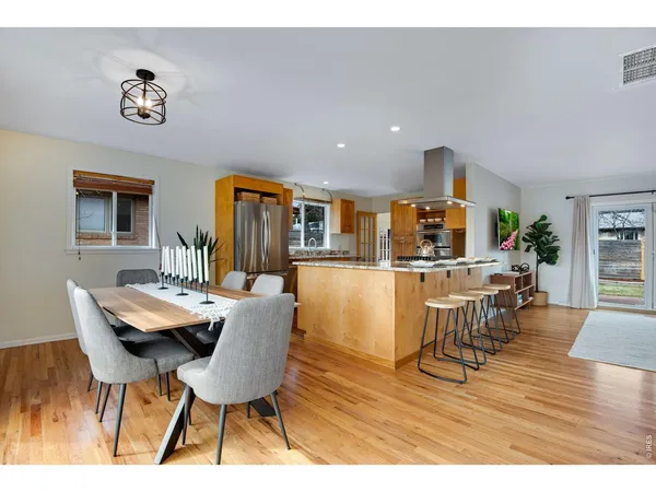 a view of a dining room with furniture and wooden floor