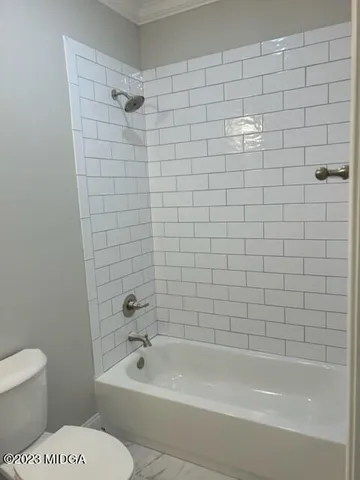 a bathroom with a toilet and bathtub