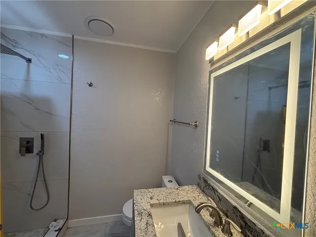a bathroom with a granite countertop sink and shower