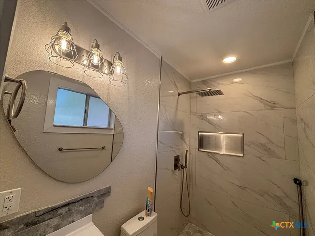 a bathroom with a toilet a sink and mirror