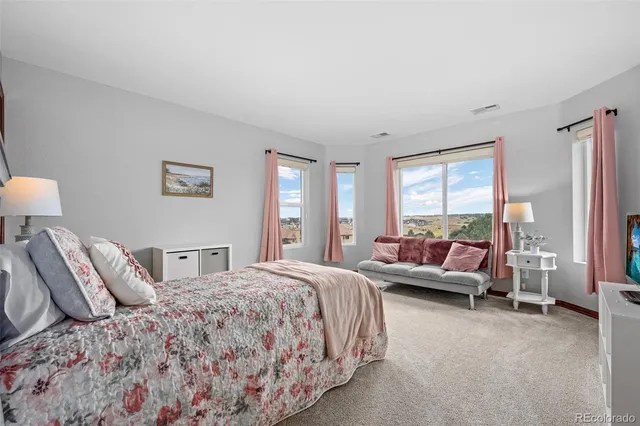 a bedroom with a bed and a couch