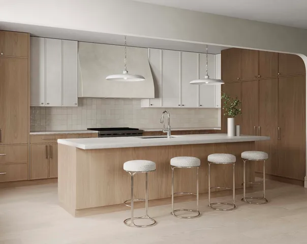 a kitchen with granite countertop a sink chairs and white cabinets