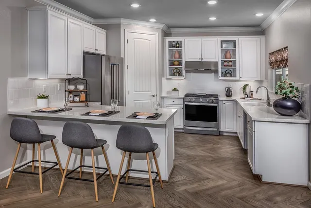 a kitchen with granite countertop a sink stove and refrigerator