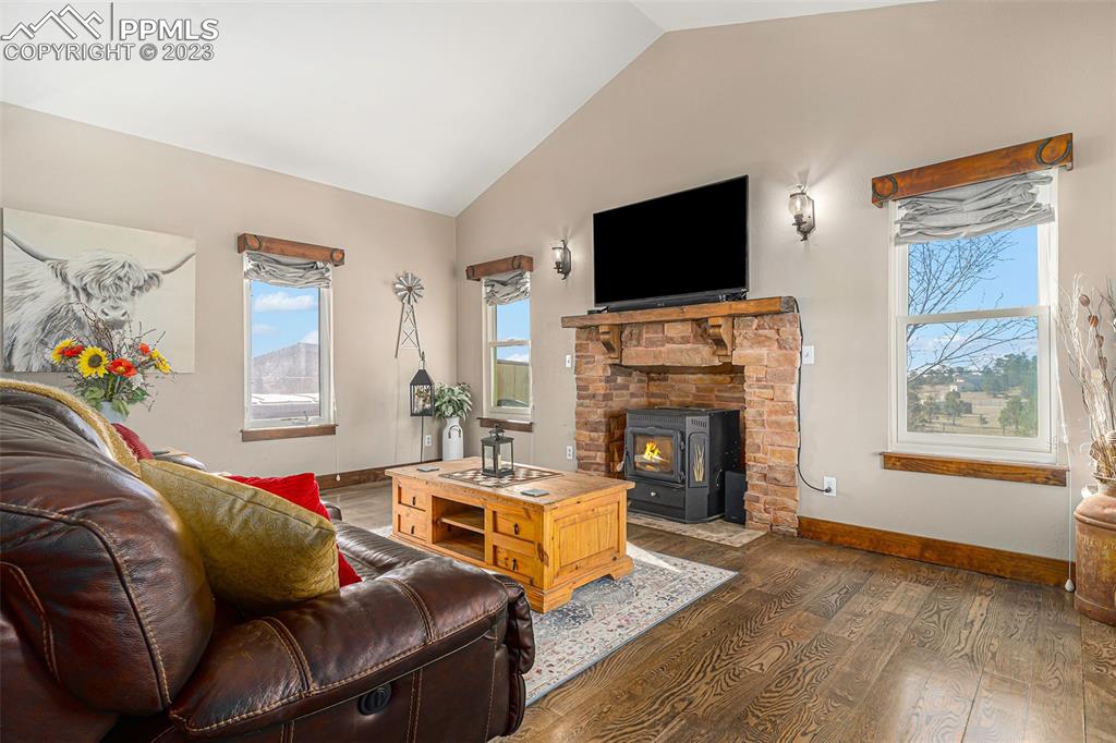 14965 Tanner Trail Elbert, CO 80106 - Photo 14 of 50 a living room with furniture fireplace and flat screen tv