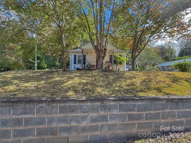 a view of a yard with large trees