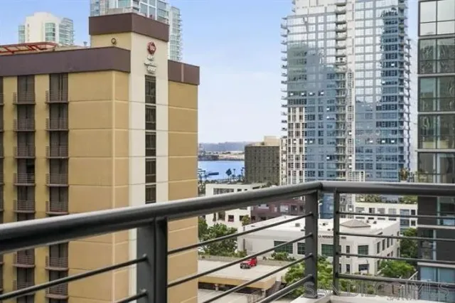 a view of a building from a balcony