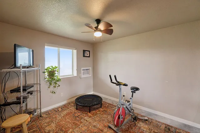 a bedroom with furniture and a potted plant