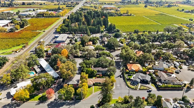 a aerial view of a house with a yard and a large tree