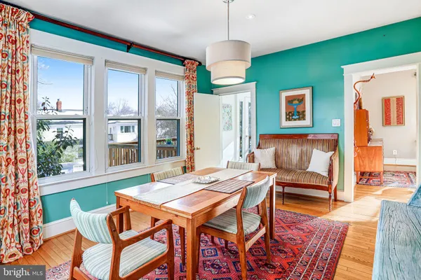 a view of a dining room with furniture window and wooden floor