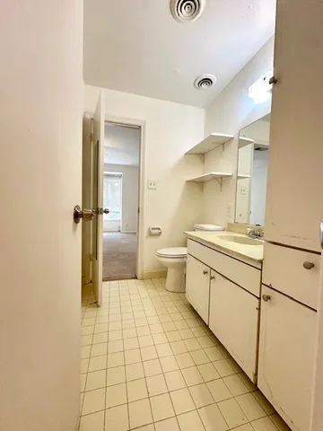 a bathroom with a sink a toilet and mirror