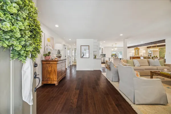 a living room with furniture and a potted plant