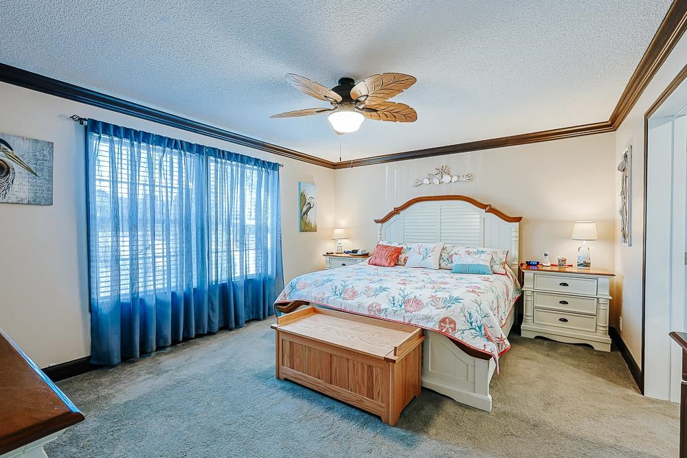 6773 Hampton Road Conway, SC 29527 - Photo 11 of 39 Bedroom with ceiling fan, a textured ceiling, light colored carpet, and ornamental molding