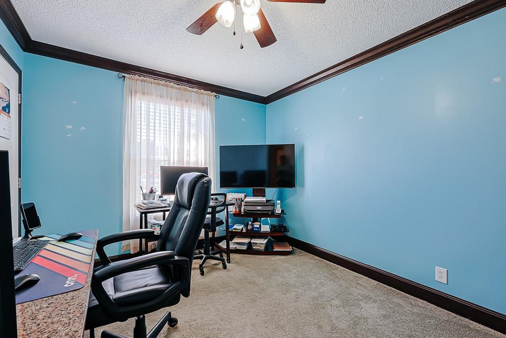 6773 Hampton Road Conway, SC 29527 - Photo 25 of 39 Office with crown molding, light colored carpet, a textured ceiling, and ceiling fan