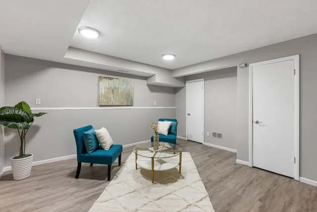 a living room with furniture and a potted plant