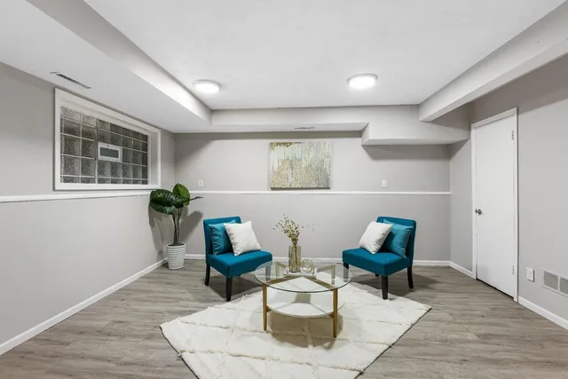 a living room with furniture and a potted plant