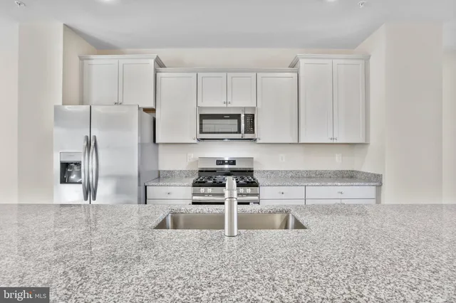 a kitchen with stainless steel appliances granite countertop a stove a sink and a refrigerator