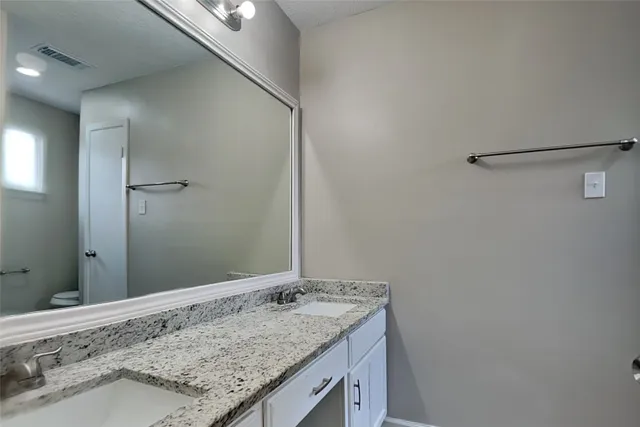 a bathroom with a granite countertop sink and a mirror