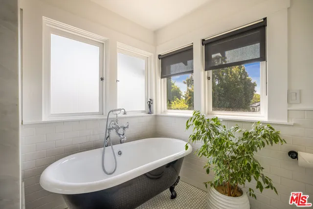 a bathroom with a tub and potted plant