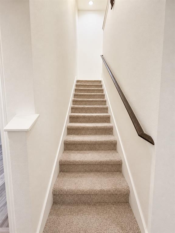 824 Juniper Street Anna, TX 75409 - Photo 9 of 25 Carpeted staircase with white risers and a dark wood-finish handrail