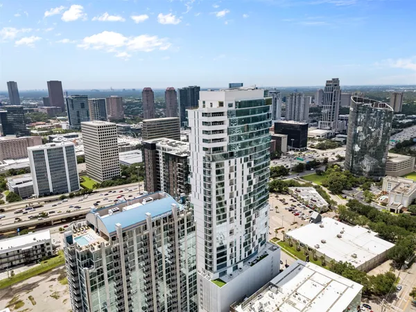 a city view with tall buildings