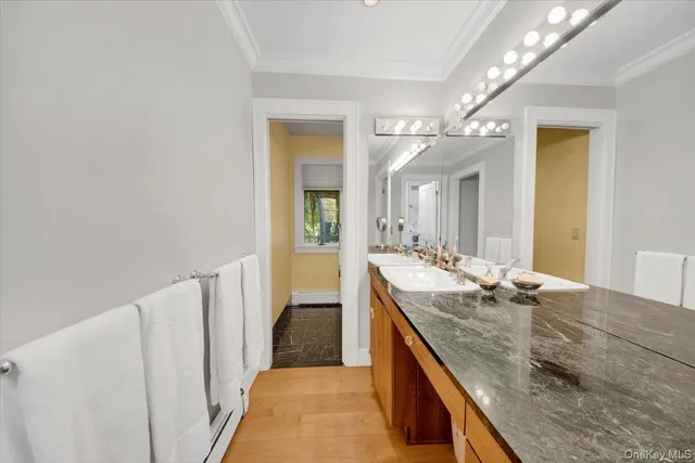 a bathroom with a sink and a large mirror