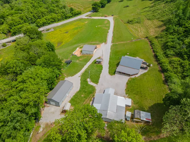 an aerial view of a house with a garden and swimming pool