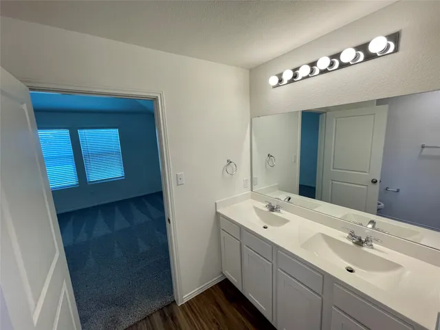 a bathroom with a double vanity sink and a mirror